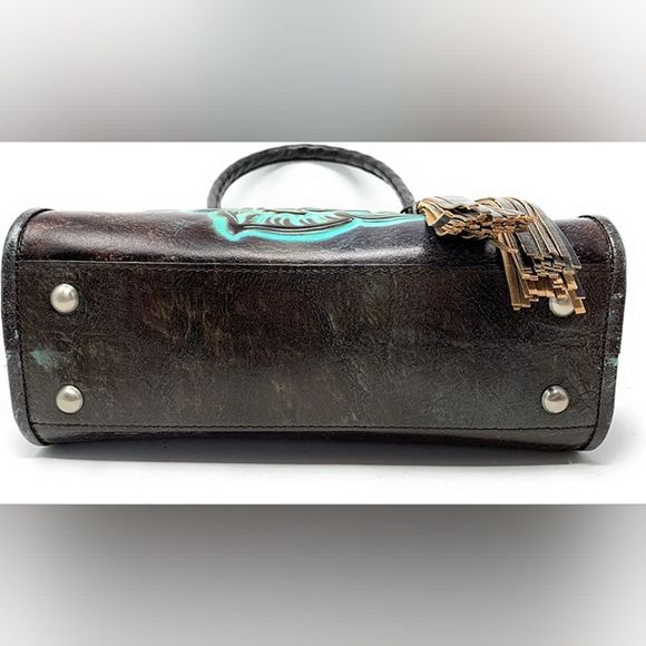 Patricia Nash Paris Satchel Tooled Turquoise Brown Leather P018133 New - Picture 13 of 16